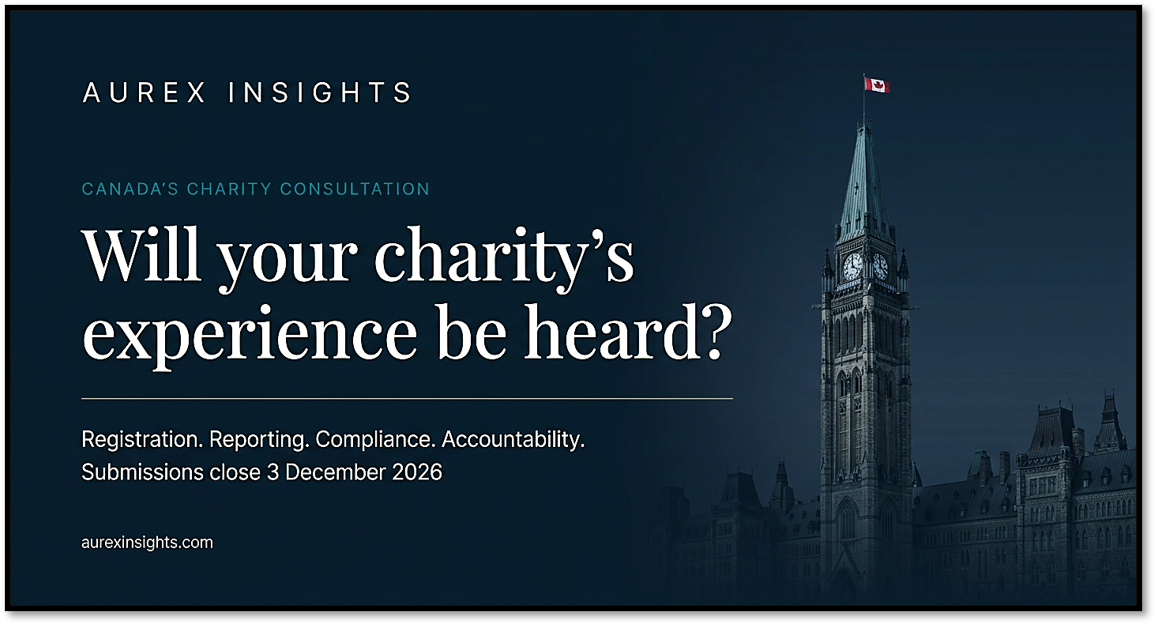 Aurex Insights feature image showing Canada’s Parliament and the headline “Will your charity’s experience be heard?” Federal charity consultation closes 3 December 2026.